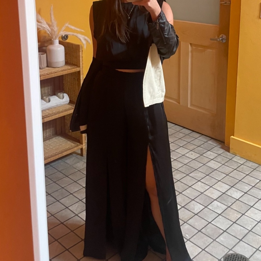 2 Piece Black Satin Set
